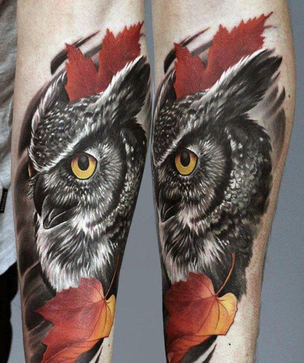 owl with fall leaves men's shin tattoo