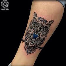 owl with heart men's arm tattoo