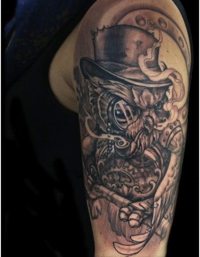 owl with monocle, pipe, and top hat tattoo for men's arms
