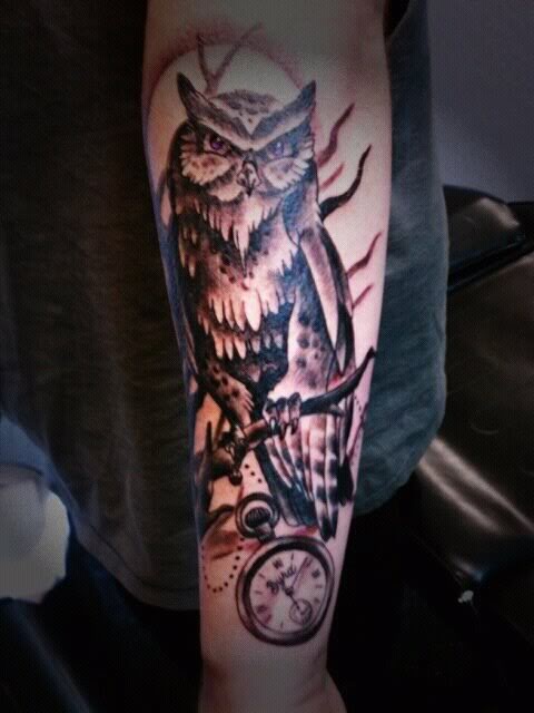 owl with pocketwatch tattoo for men's arms
