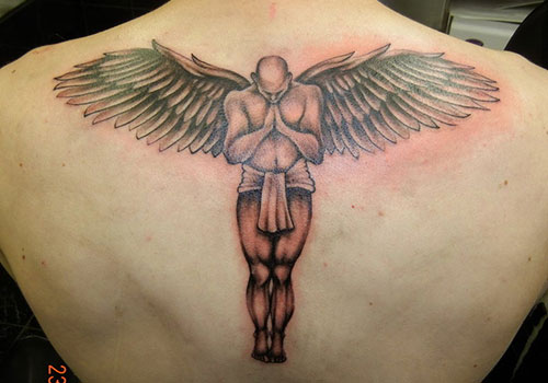 praying angel with spread wings tattoo for men