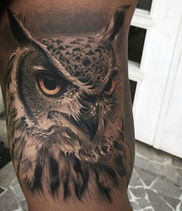 realistic men's owl tattoo on calf