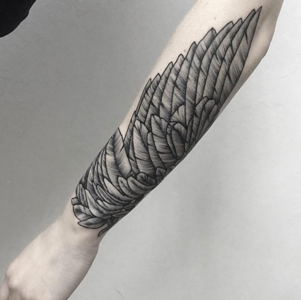 shaded forearm wing tattoo for men