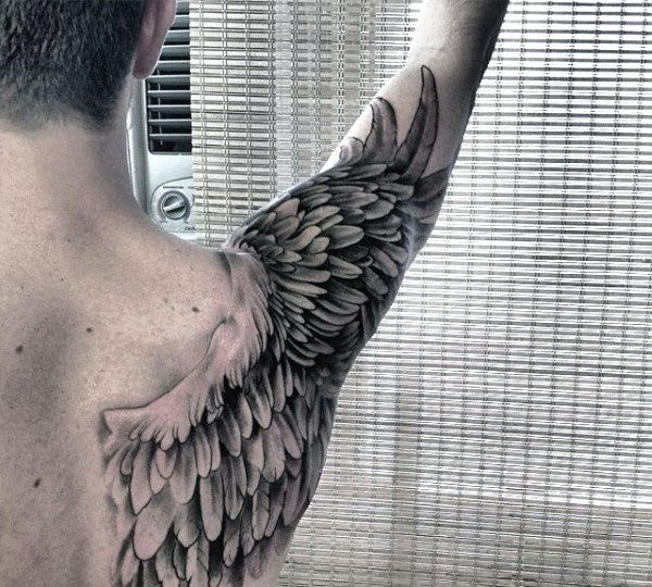 shoulder and bicep wing tattoo for men