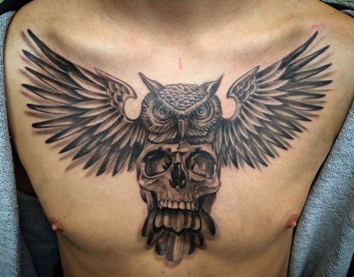 spread wing owl and skull tattoo for men's chests