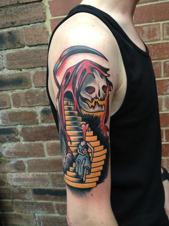 stairway and grim reaper tattoo for men
