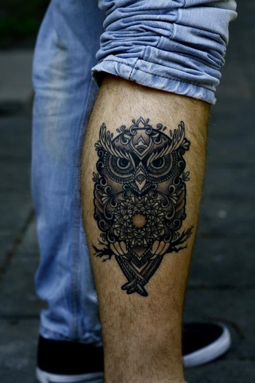 stylized owl tattoo for men's forearms