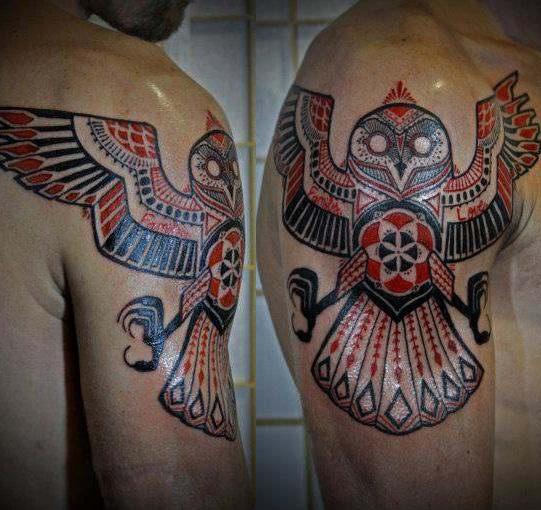 tribal owl tattoo for men's arms