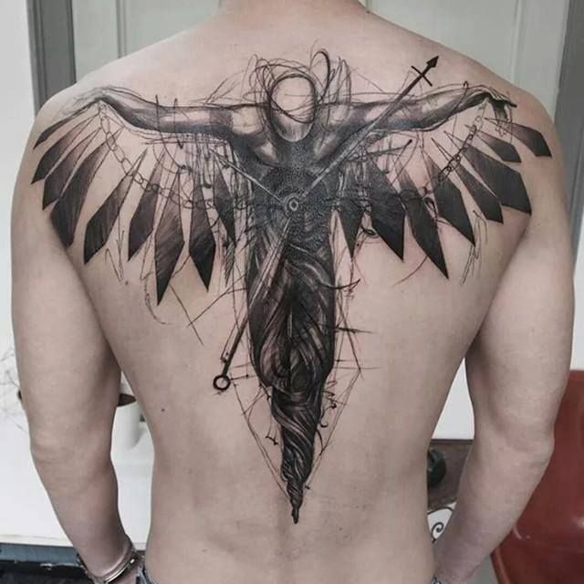 winged angel sketch style tattoo for men