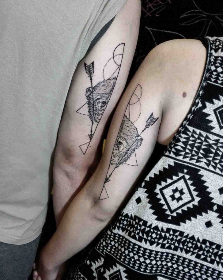 arrow and monkey matching couple tattoo