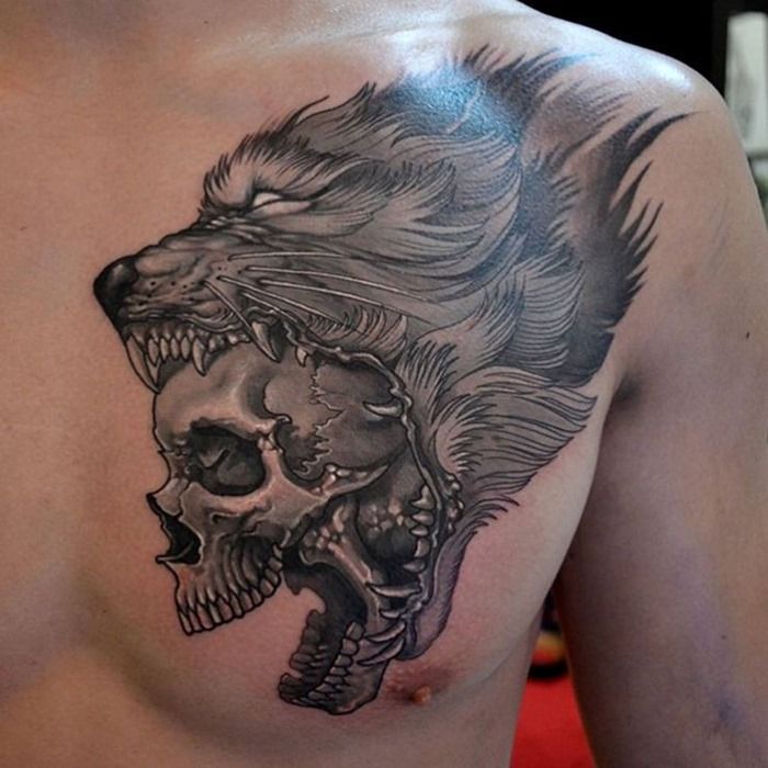 best wolf and skull design tattoo for men