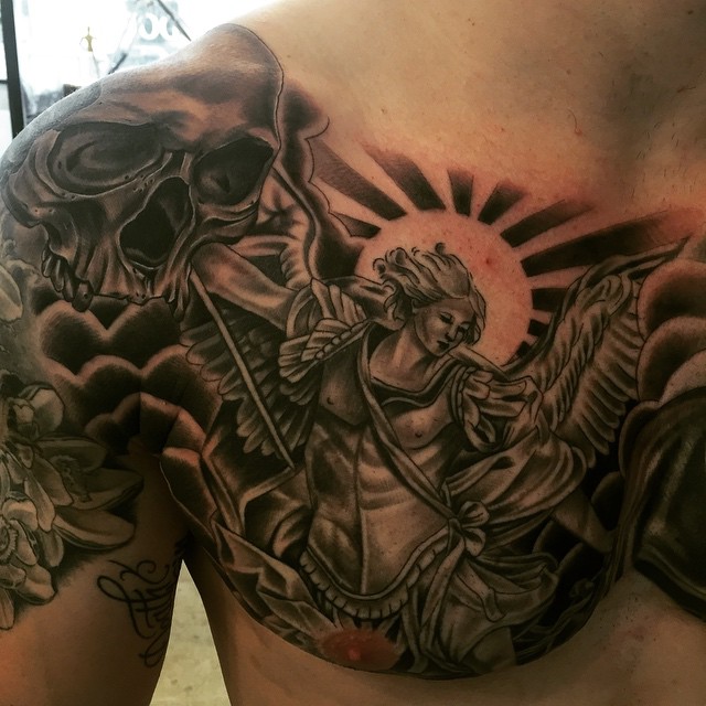 chest guardian angel tattoo for men