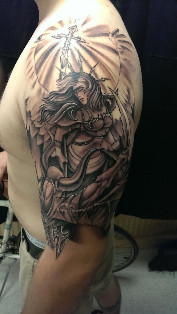 comic style guardian angel tattoo for men