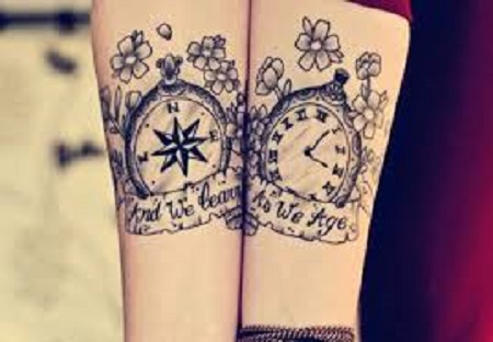 compass and clock matching couple tattoo