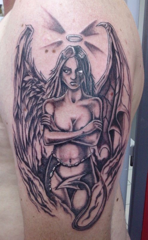 demon and guardian angel tattoo for men
