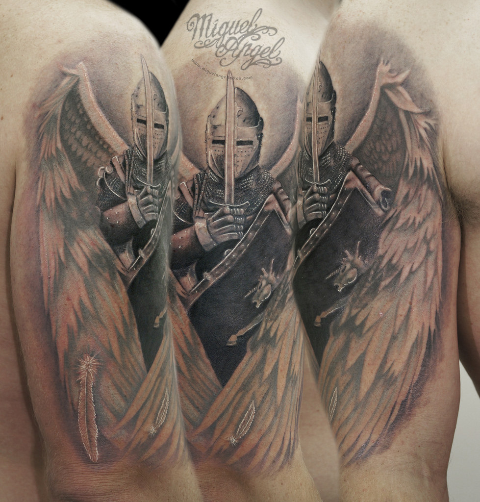 fully armored guardian angel tattoo for men