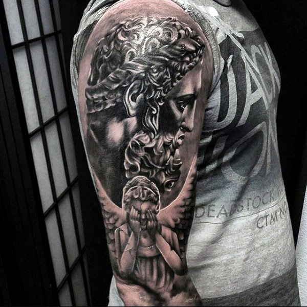 guardian angel covering eyes tattoo for men