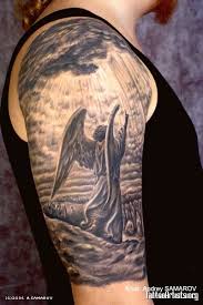 guardian angel looking into the distance tattoo for men