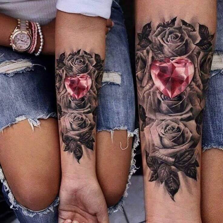 heart and rose matching couple tattoo