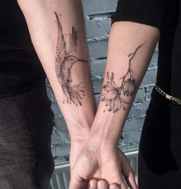 humminbird and flower matching couple tattoo