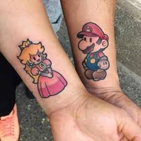 mario and princess matching couples tattoo