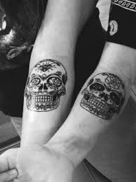 sugar skulls matching couple tattoo