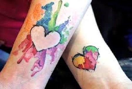 watercolor heart matching couple tattoo
