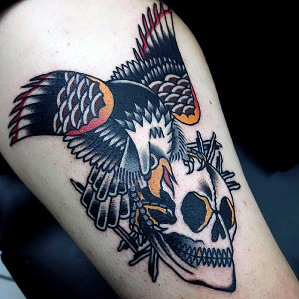 Black Eagle and Skull Tattoo with Subtle Hints of Color