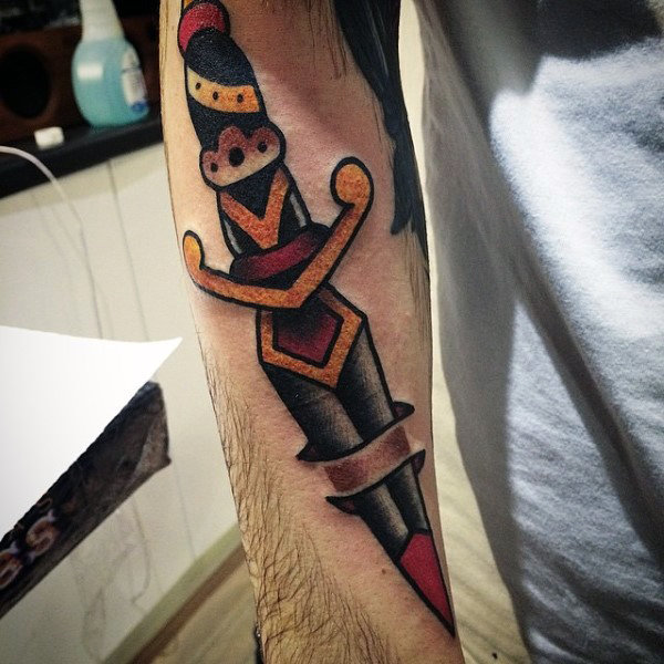 Black, Red, and Yellow Dagger along the Back of the Forearm