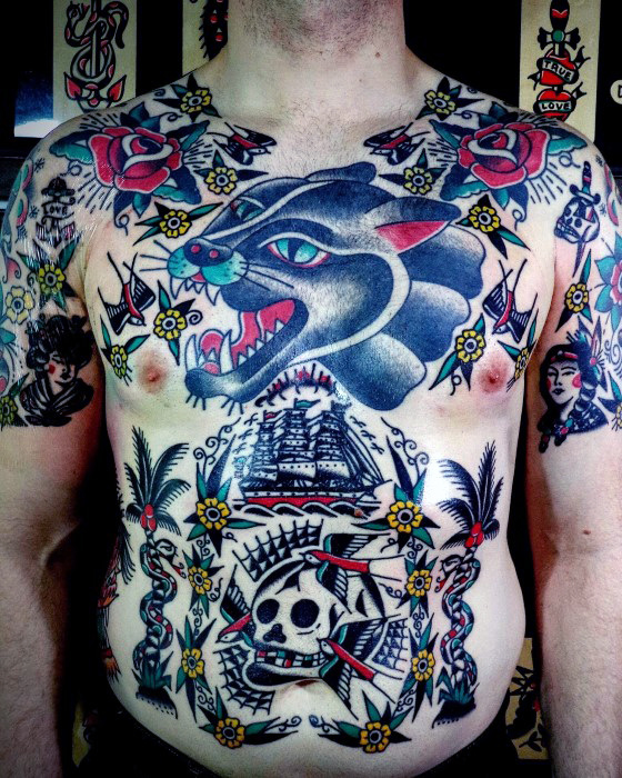 Cover Your Entire Chest and Core with Traditionally Inspired Tattoos