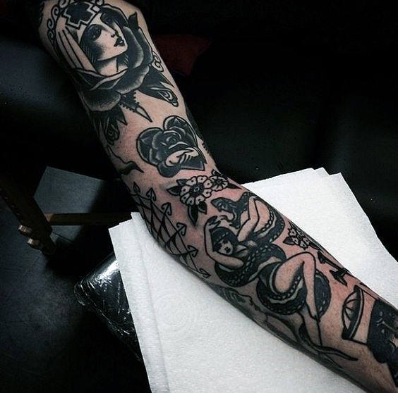 Dark Black Sleeve of Traditional Tattoos