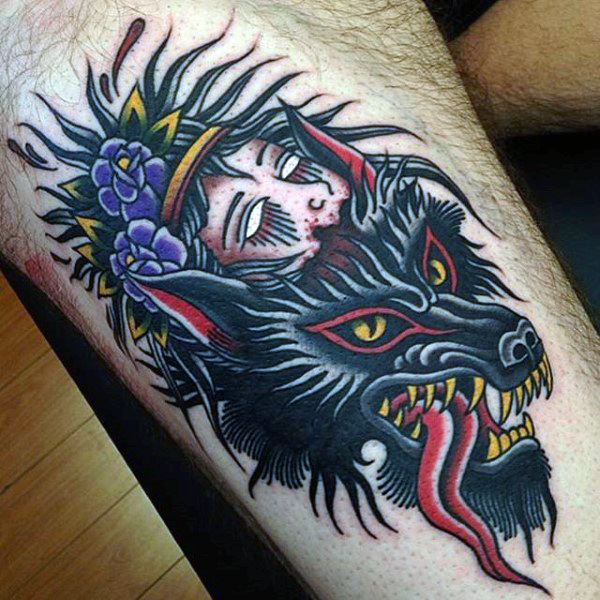 Half Wolf, Half Woman Traditional Arm Tattoo