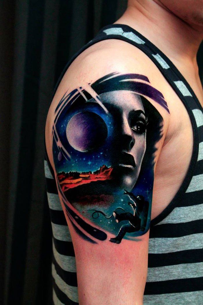 Outer Space Tattoo Alongside Female Portrait