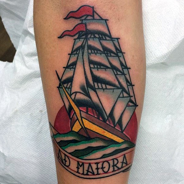 Red, Yellow, and Blue Ship and Quote Tattoo