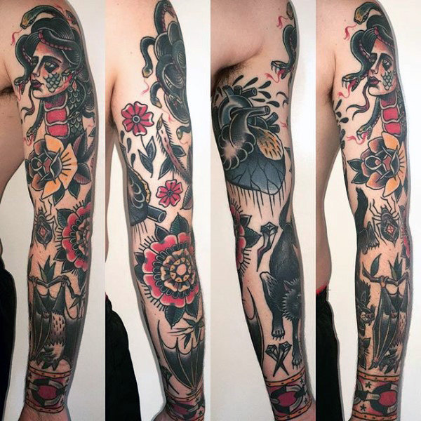 Spooky Darkened Traditional Style Sleeve Tattoos