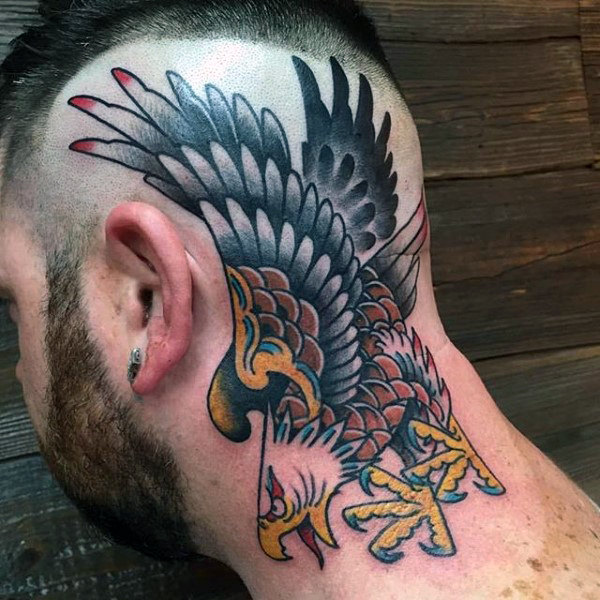 Traditional Eagle Tattoo on a Shaved Head