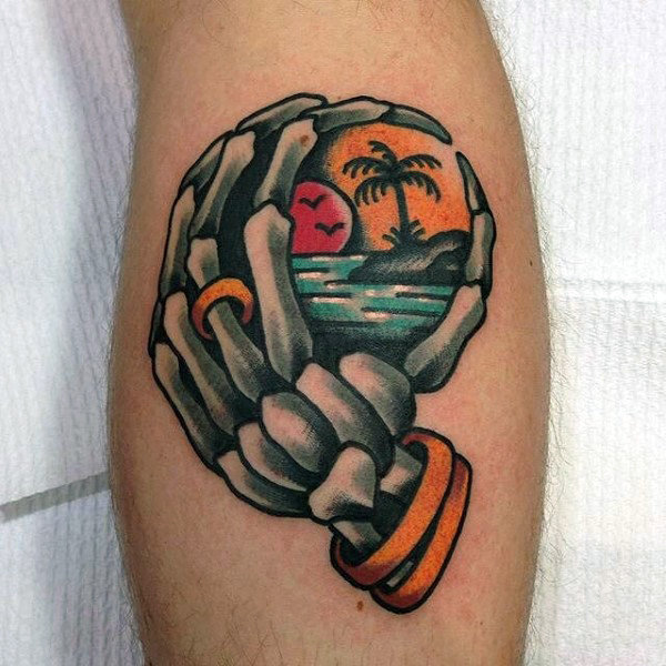 Traditional Tattoo of Skeleton Hands Holding Paradise