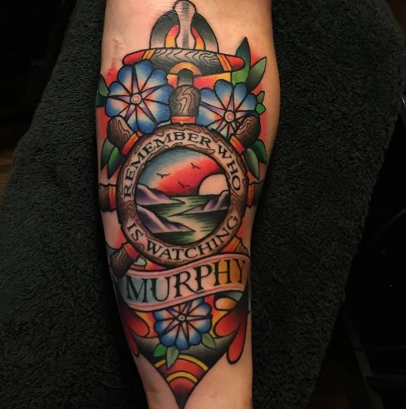 Very Bright Family Name Traditional Tattoo