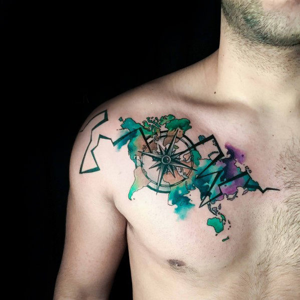 Watercolor Compass Shoulder Tattoo