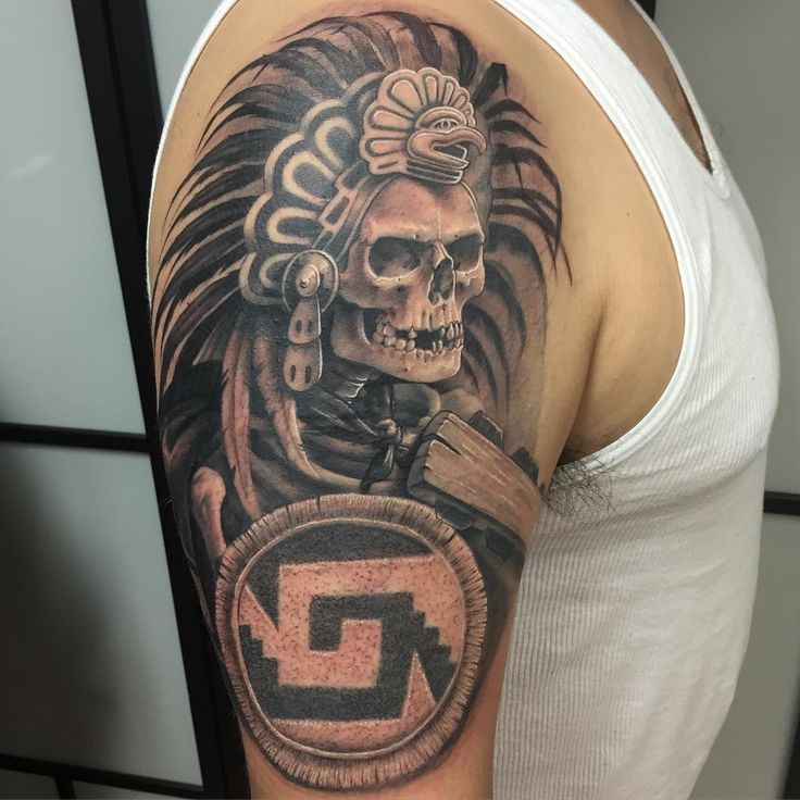 Aztec Inspired Skull and Eagle Arm Tattoo for Men