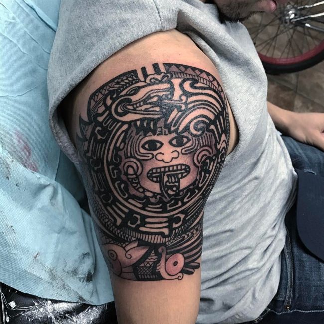 Aztec Tattoo with Dark and Thick Ink Lines