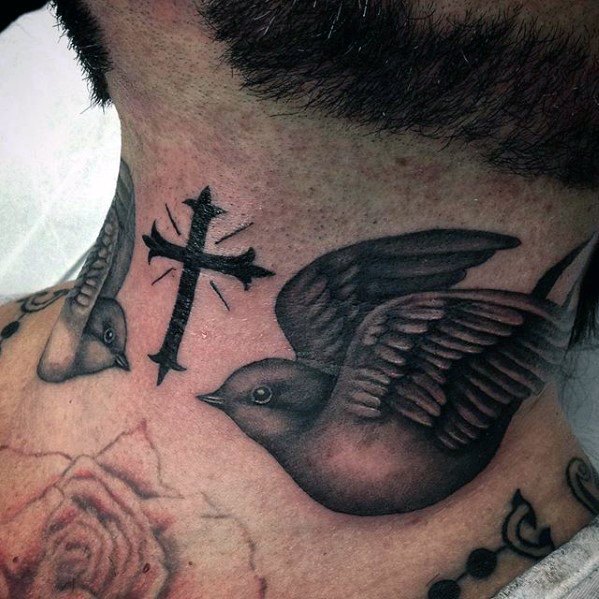 Back of the Neck Angel Wing Cross Tattoo