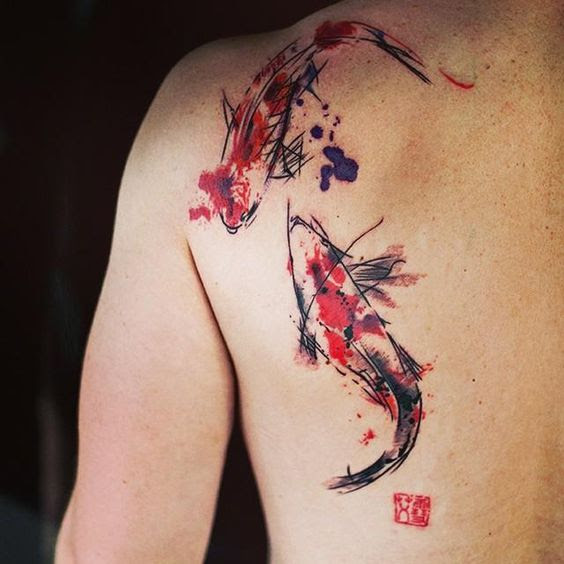 Black Koi Fish Back Pieces with Red Splattered Ink