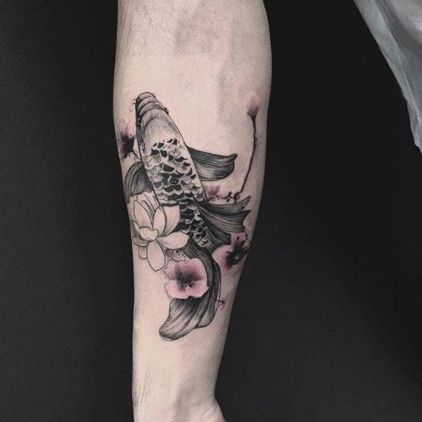 Black Koi Fish with Pink Flowers