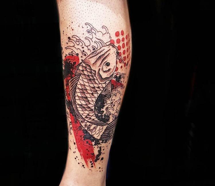 Black Koi Fish with Red Designs