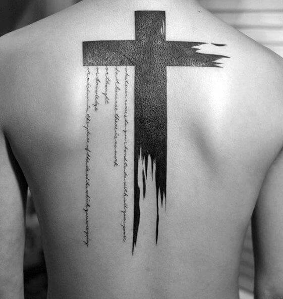 Black Watercolor Cross Tattoo with Text on Your Back
