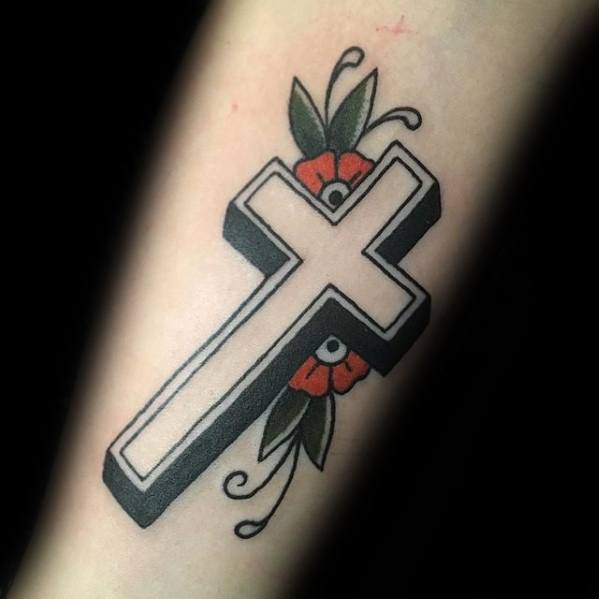 Black and White Forearm Cross Tattoo with Flowers