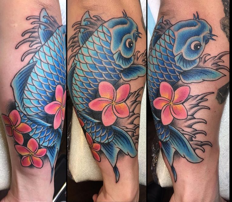Blue Koi and Pink Flower Calf Tattoo
