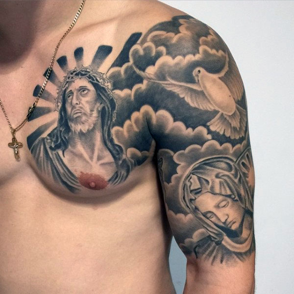 Chest and Shoulder Piece Featuring Jesus, Doves, and the Heavens