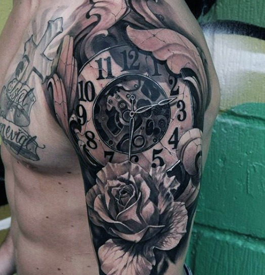 Clock Shoulder Tattoo that Plays with Shadowing
